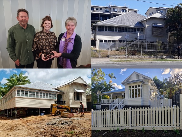 Sue and Justin O'Hagen with President Carol and renovation photos